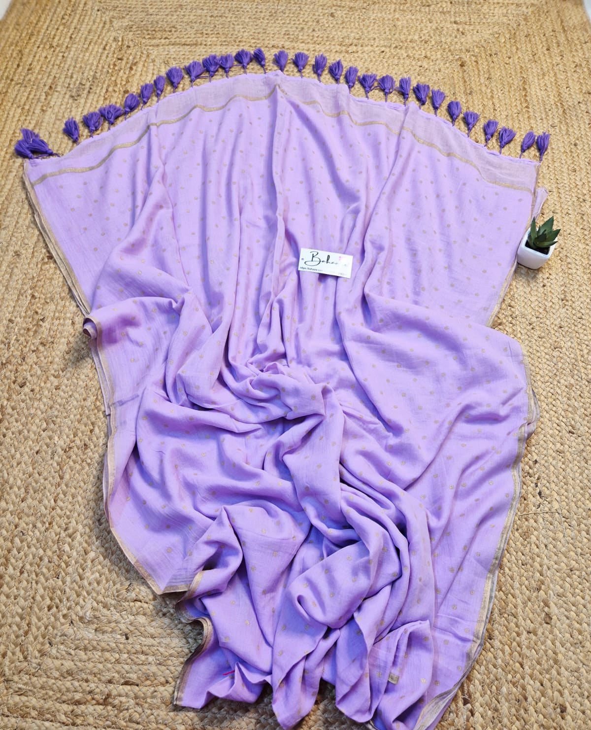 Polka Passion | Lavender Mul Mul Cotton Saree with Golden Polka Dots