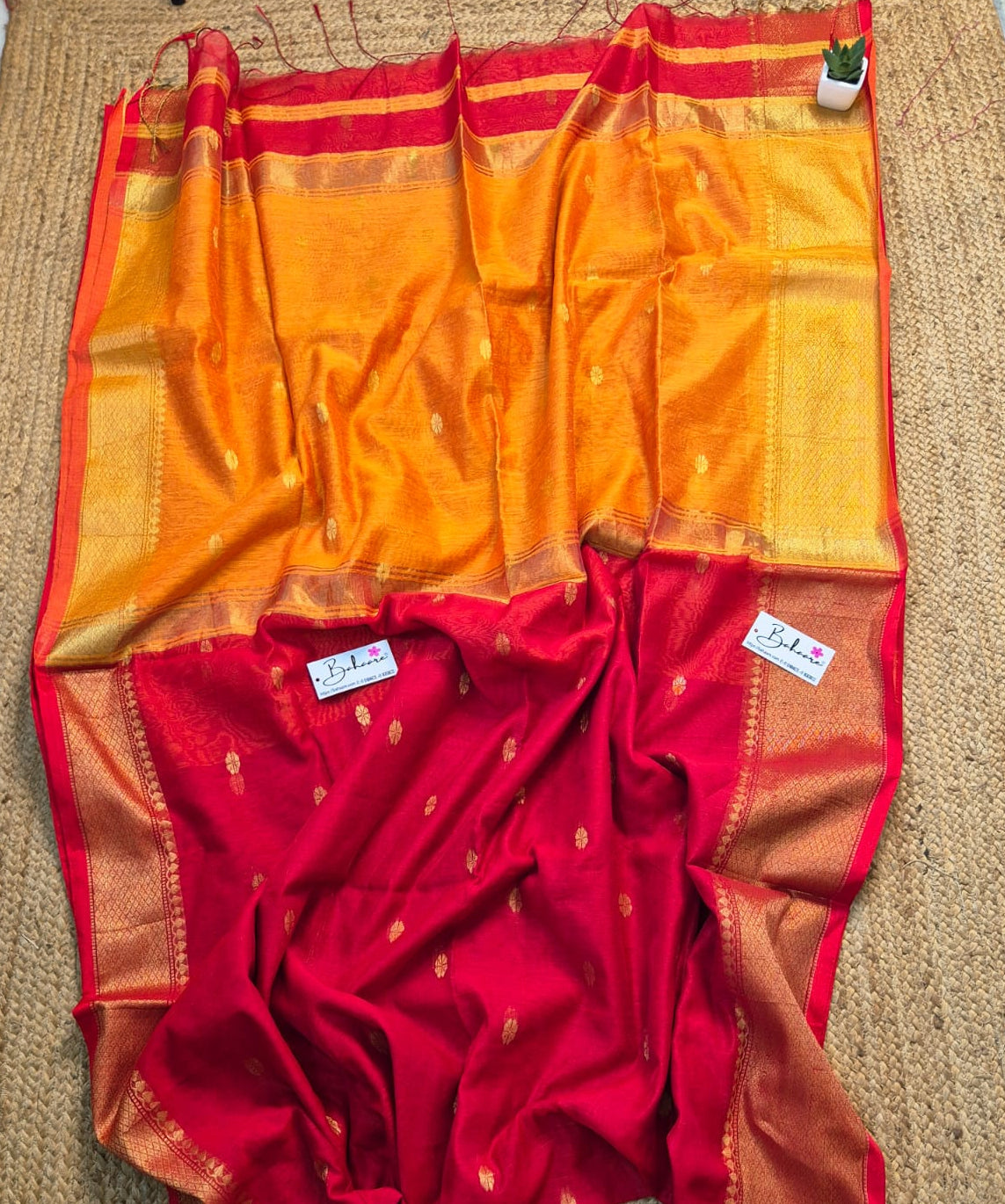 Cotton Galleria | Sindoor Red with Haldi Yellow Maheshwari Cotton-Silk Saree