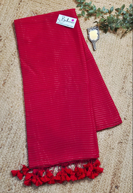 Mohini | Cherry Red Mul Mul Cotton Saree with Golden Zari Stripe