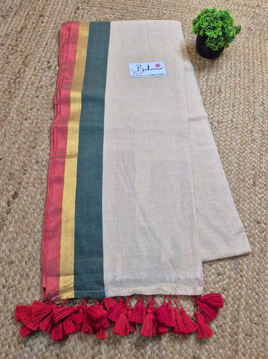 Mohini | Beige Mul Mul Cotton Saree with Green and Red Zari Border