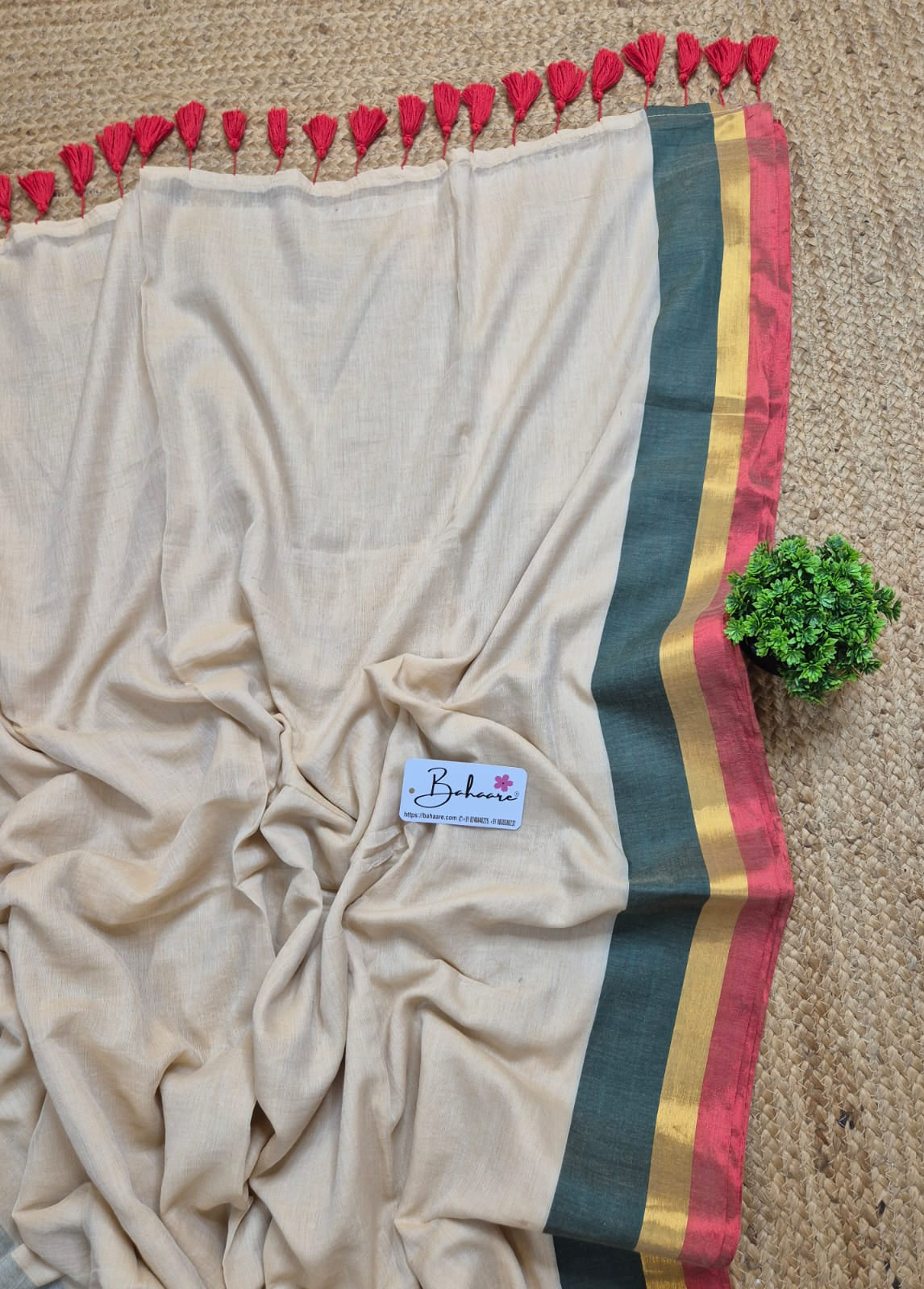 Mohini | Beige Mul Mul Cotton Saree with Green and Red Zari Border