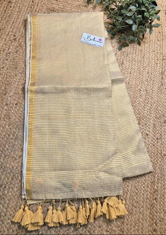 Noor | Off White Mul Mul Cotton Saree with Golden Zari Check