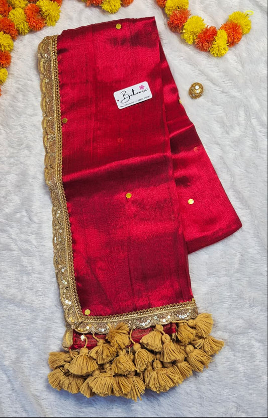Megha | Bridal Red Tissue Saree with Sequin and Designer Zari Lace