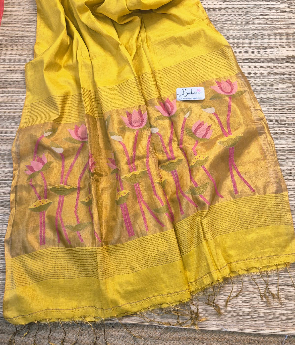 Springtime Serenity | Golden Yellow Tissue Linen Saree with Paithani Motif