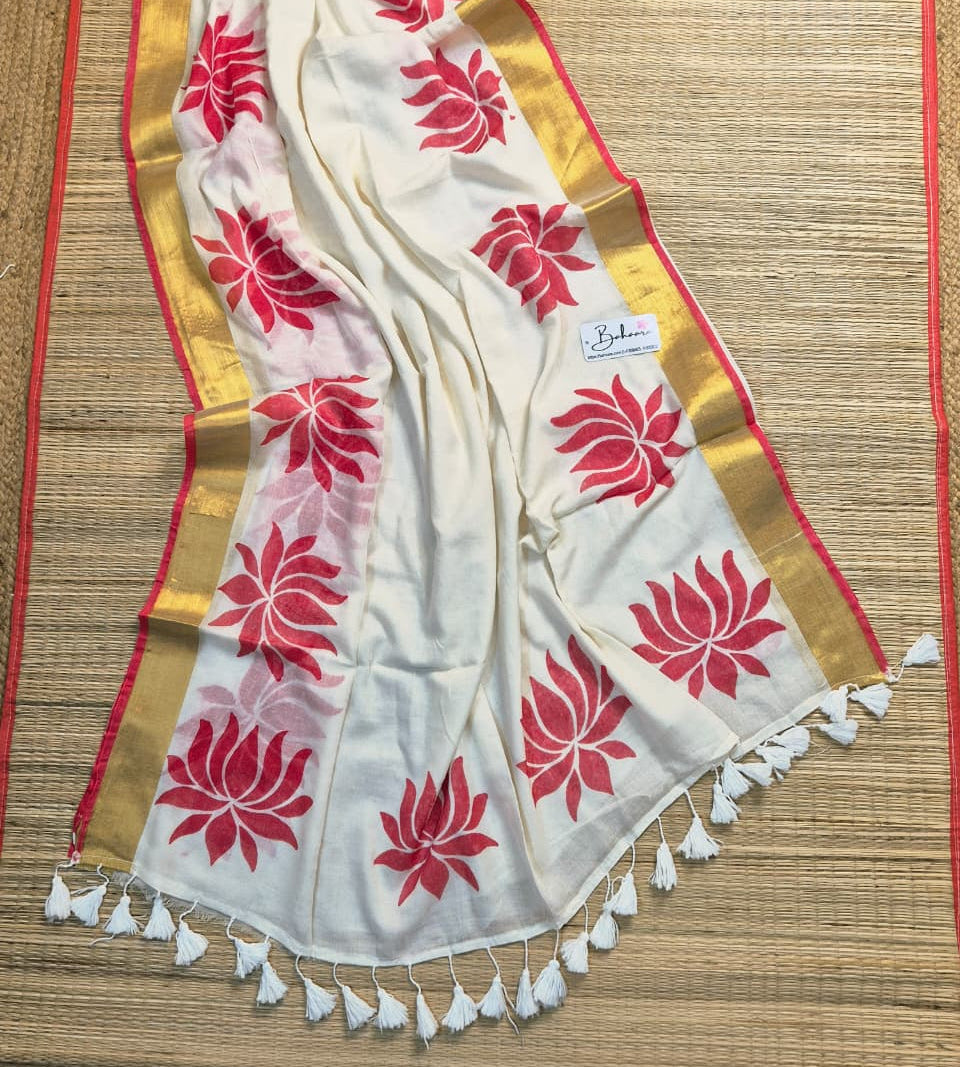 Noor | Cream Beige Mul Mul Cotton Saree with Red Lotus Motif