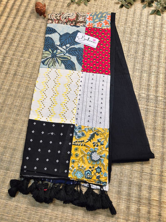 Cotton Galleria | Elegant Black Cotton Saree with Multicoloured Patchwork Pallu
