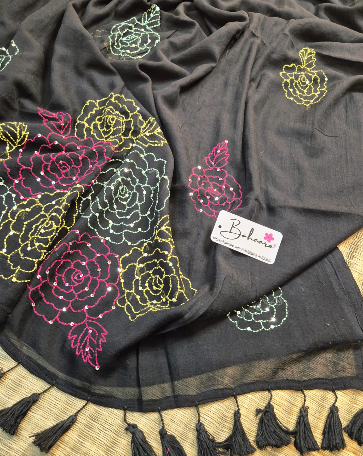 Mohini | Black Mul Mul Cotton Saree with Kantha Hand Embroidery