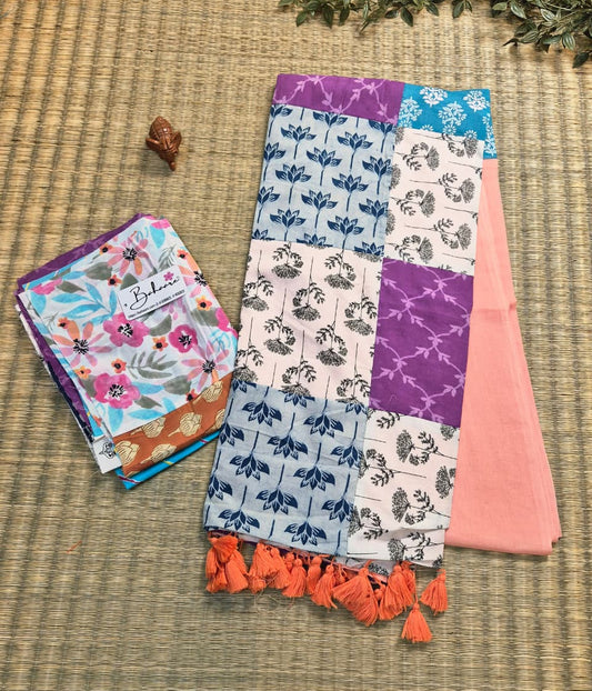 Cotton Galleria | Peach Pastel Cotton Saree with Multicoloured Patchwork Pallu