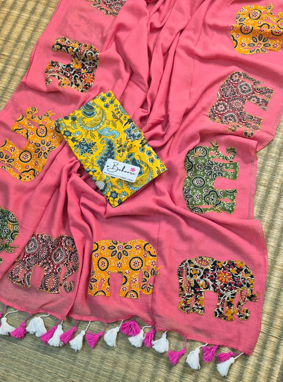 Cotton Galleria | Flamingo Pink Cotton Saree with Multicoloured Patchwork Pallu