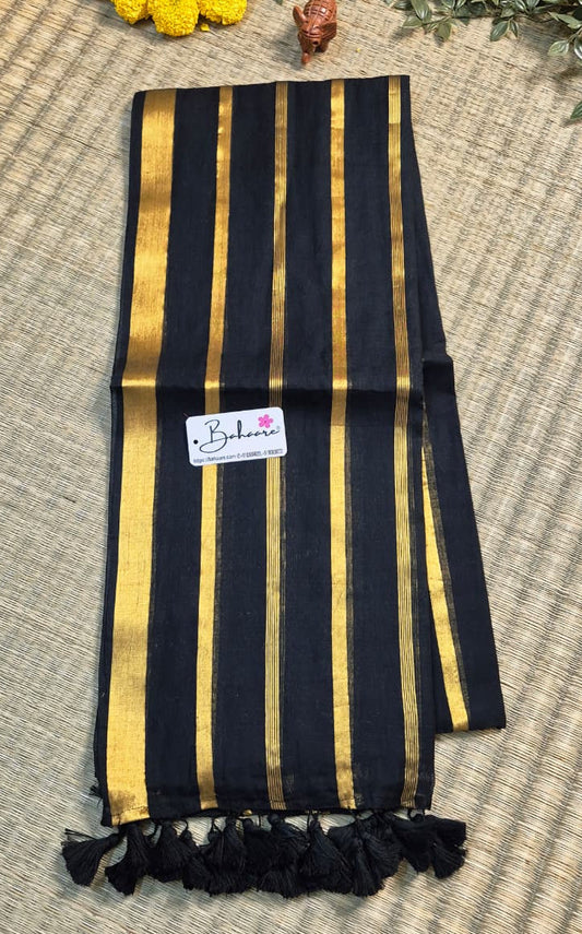 Noor | Dark Black Mul Mul Cotton Saree with Zari Lines