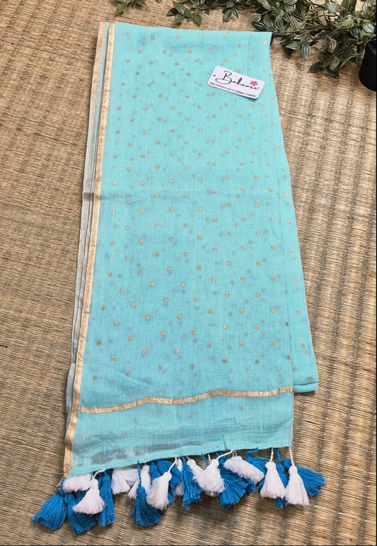 Polka Passion | Turquoise Blue Mul Mul Cotton Saree with Golden Polka Dots