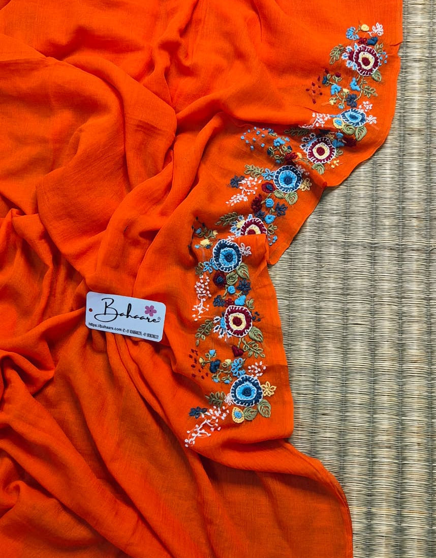 Mohini | Dark Orange Mul Mul Cotton Saree with Handcrafted Bullion Stich on Front Top Part