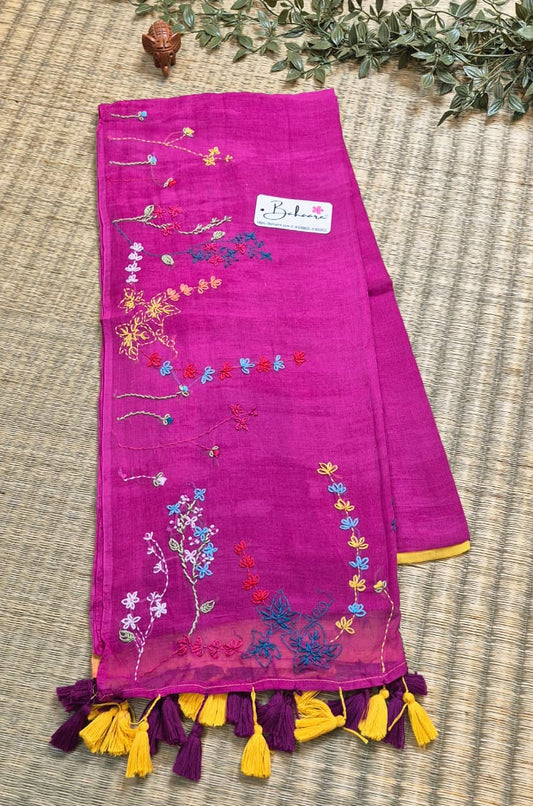 Mohini | Rani Pink and Yellow Mul Mul Cotton Saree with Handcrafted Bullion Stich