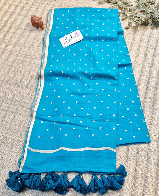 Polka Passion | Mor Blue Mul Mul Cotton Saree with Golden Polka Dots