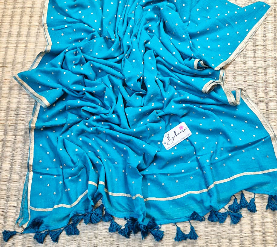 Polka Passion | Mor Blue Mul Mul Cotton Saree with Golden Polka Dots