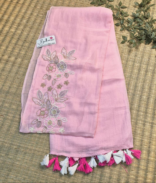 Mohini | Soft Blush Pink Mul Mul Cotton Saree with Handcrafted Moti Work on Front Top Part