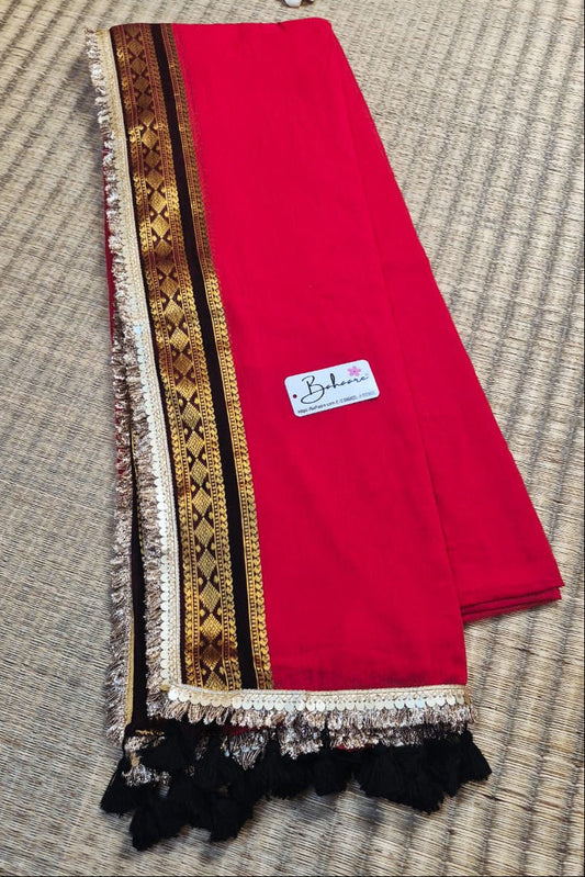 Shimmering Starlight | Vermilion Red Mul Mul Cotton Saree with Handwork Zari Lace