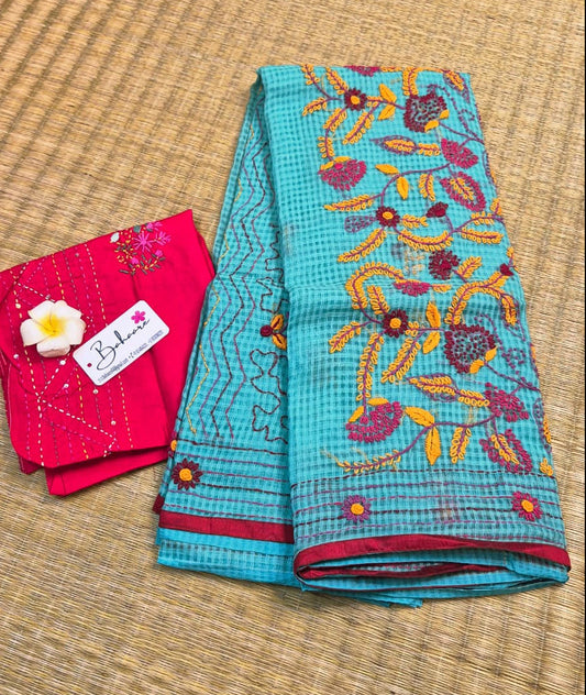 Cotton Galleria | Turquoise Blue Resham Kota Saree with Handcrafted Bullion Stich