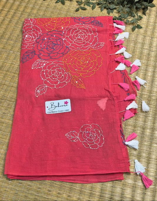 Mohini | Coral Pink Mul Mul Cotton Saree with Kantha Hand Embroidery