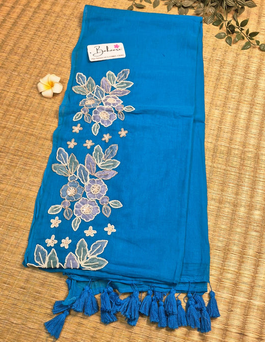 Mohini | Cobalt Blue Mul Mul Cotton Saree with Handcrafted Moti Work on Front Top Part