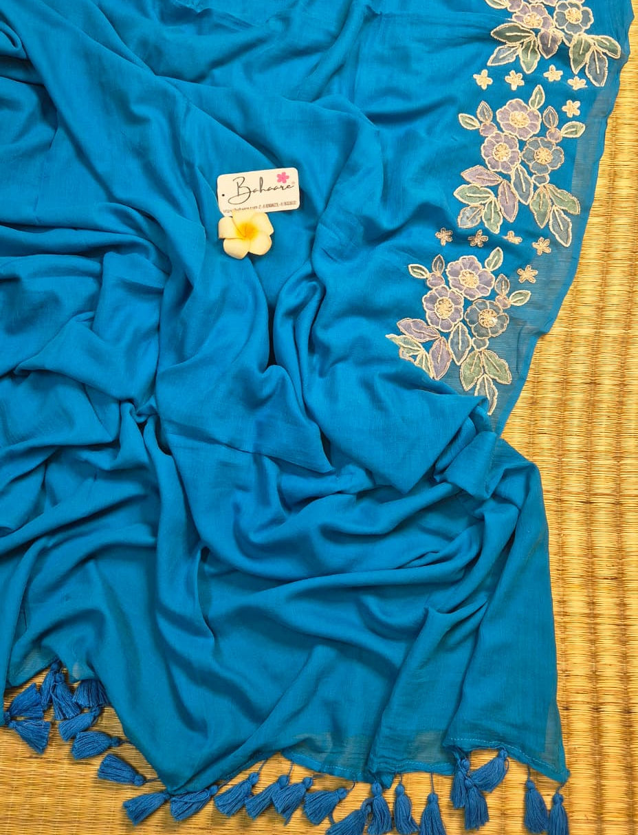 Mohini | Cobalt Blue Mul Mul Cotton Saree with Handcrafted Moti Work on Front Top Part