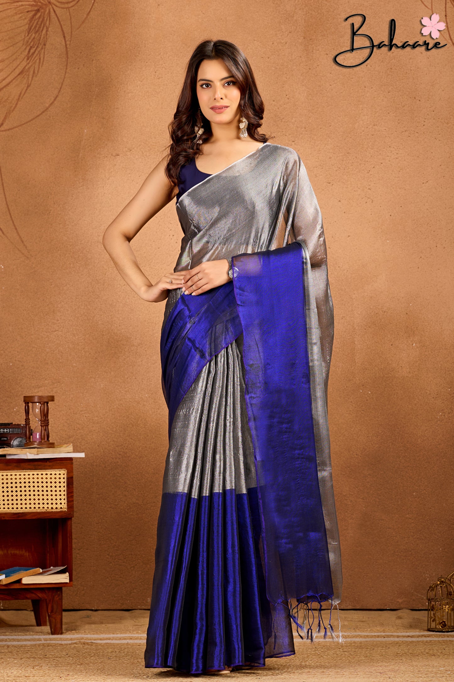 Jashn | Dark Blue and Silver Tissue Saree