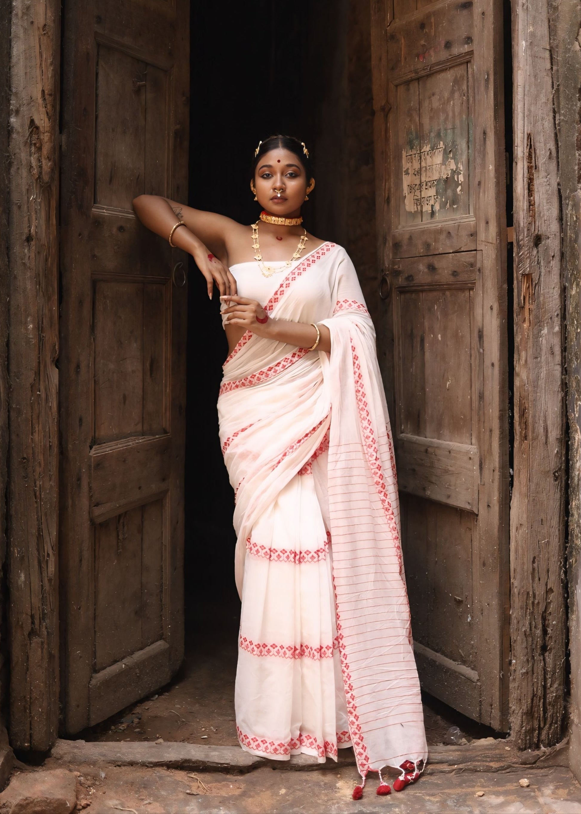 Cotton Galleria | Off White and Red Handwoven Premium Cotton Saree