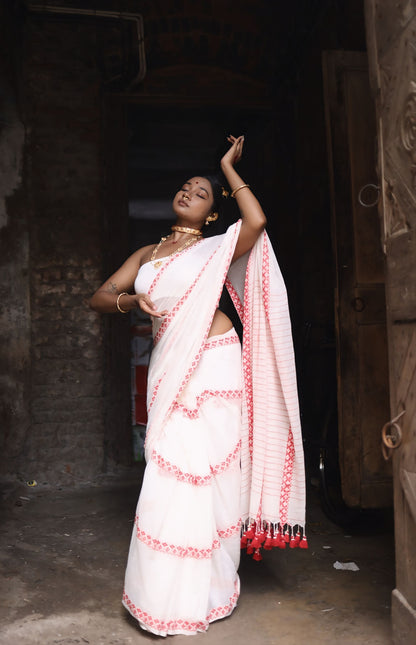 Cotton Galleria | Off White and Red Handwoven Premium Cotton Saree
