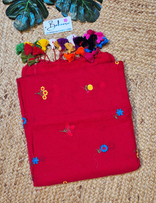 Mohini | Carmine Red Celebrity Mul Mul Cotton Saree with Flower Motif