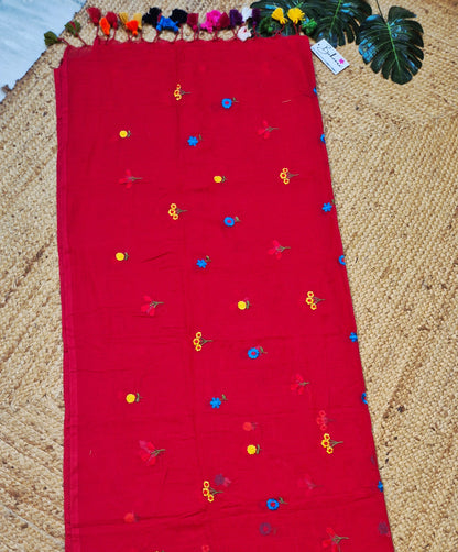 Mohini | Carmine Red Celebrity Mul Mul Cotton Saree with Flower Motif