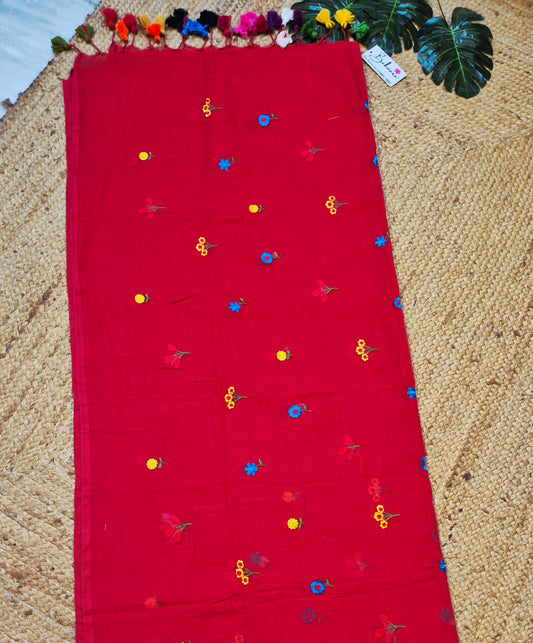 Mohini | Carmine Red Celebrity Mul Mul Cotton Saree with Flower Motif