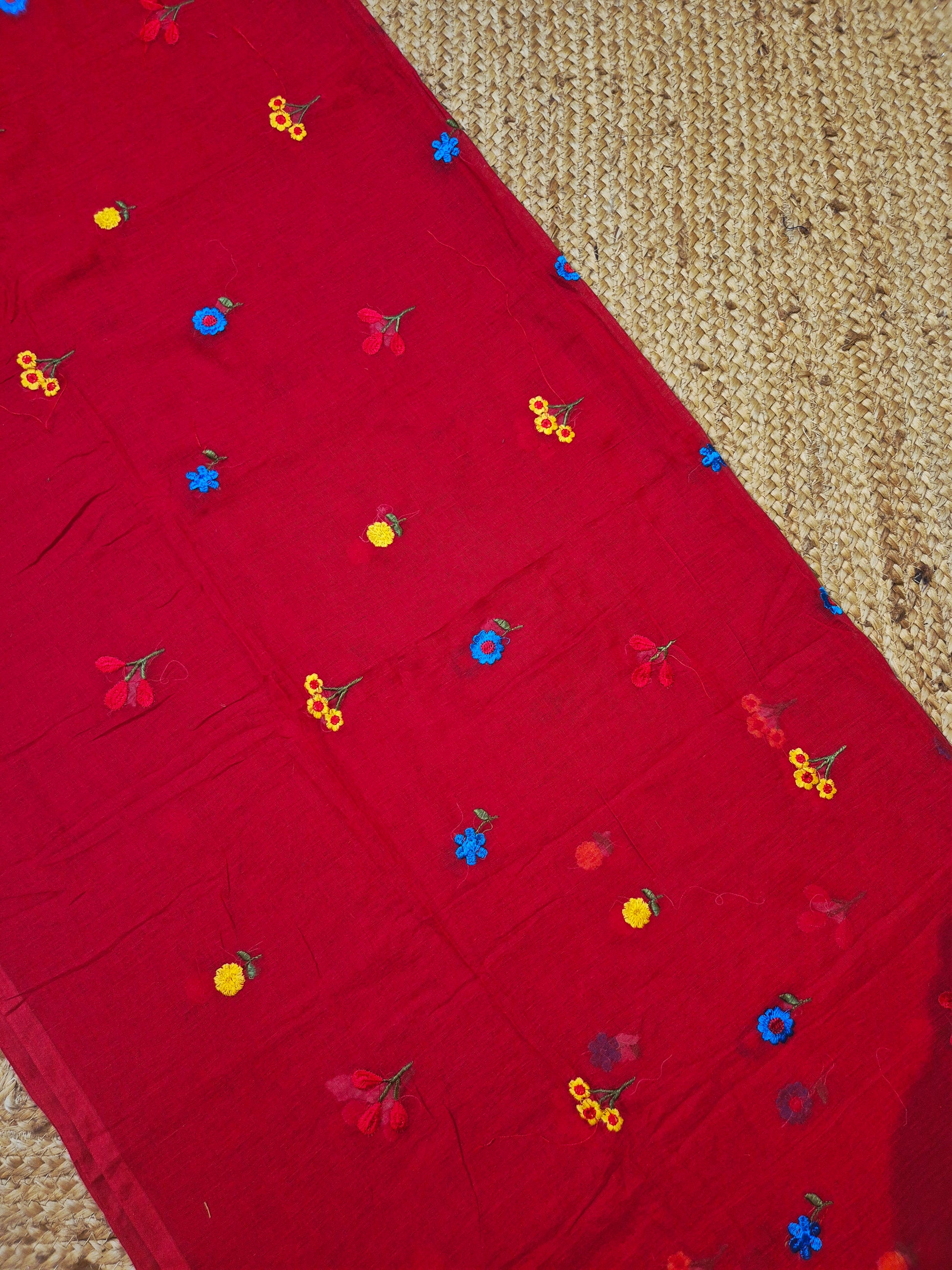 Mohini | Carmine Red Celebrity Mul Mul Cotton Saree with Flower Motif