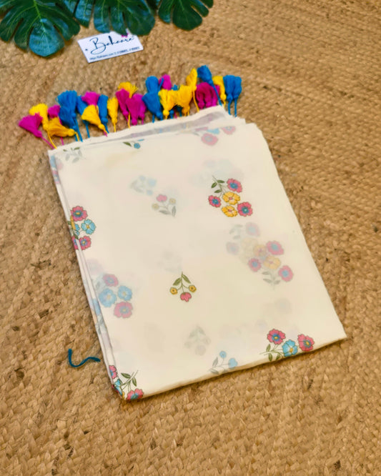 Noor | Butter Beige Mul Mul Cotton Saree with Flower Motif