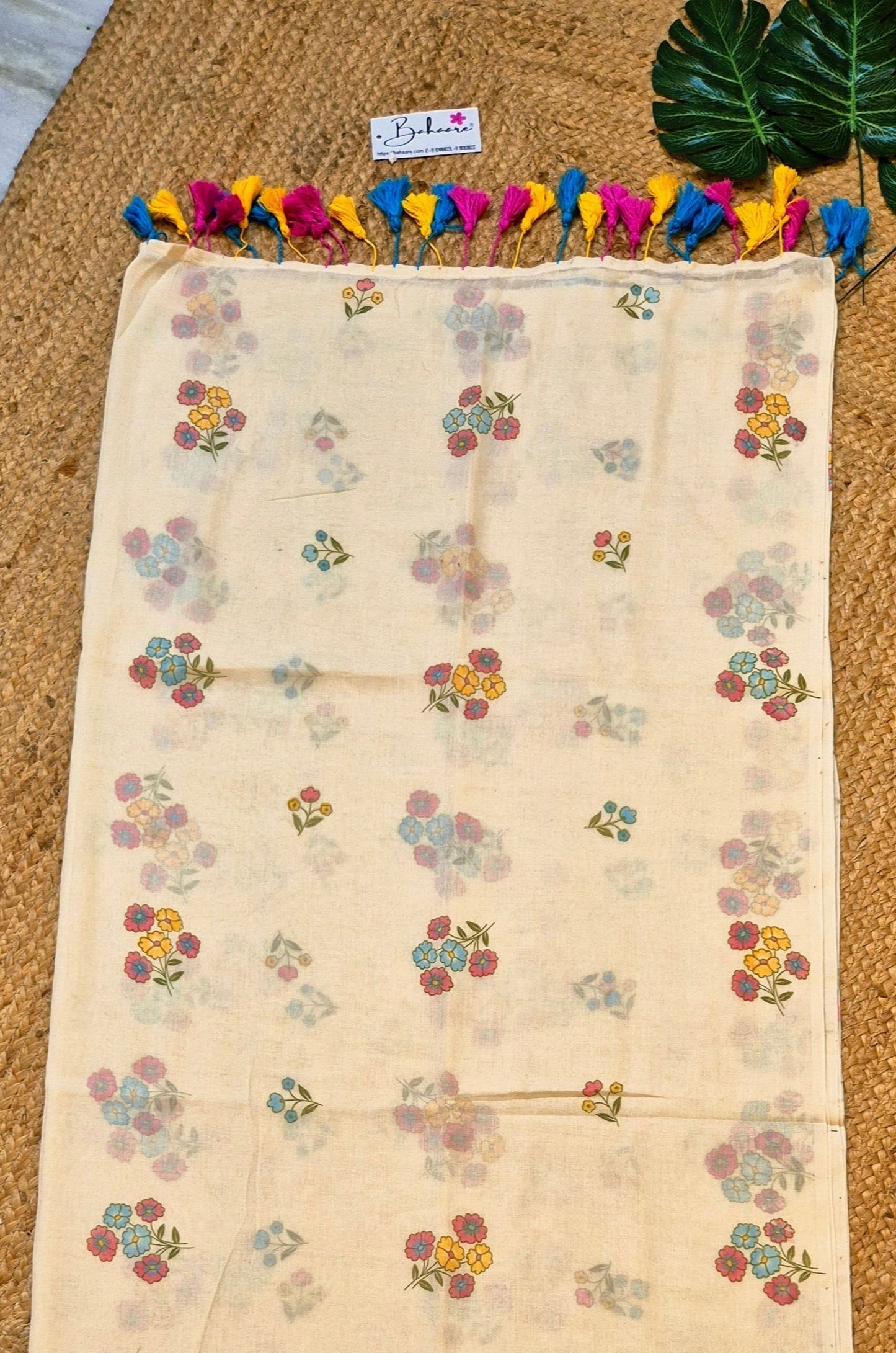 Noor | Butter Beige Mul Mul Cotton Saree with Flower Motif