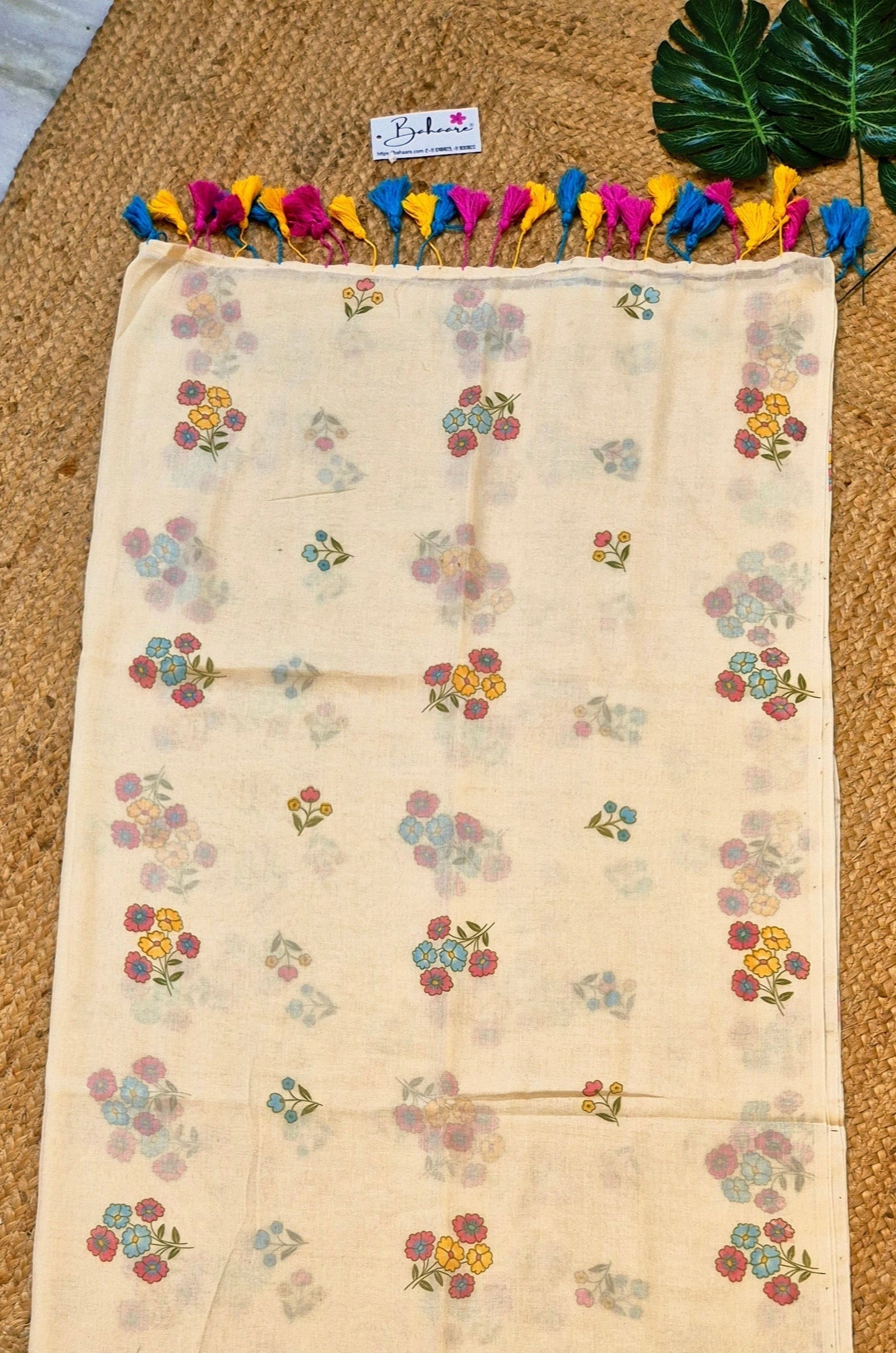 Noor | Butter Beige Mul Mul Cotton Saree with Flower Motif
