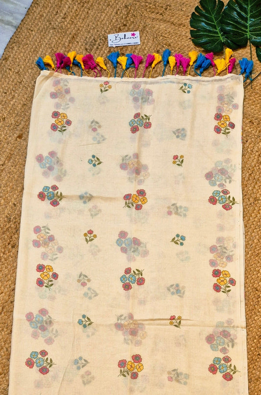 Noor | Butter Beige Mul Mul Cotton Saree with Flower Motif