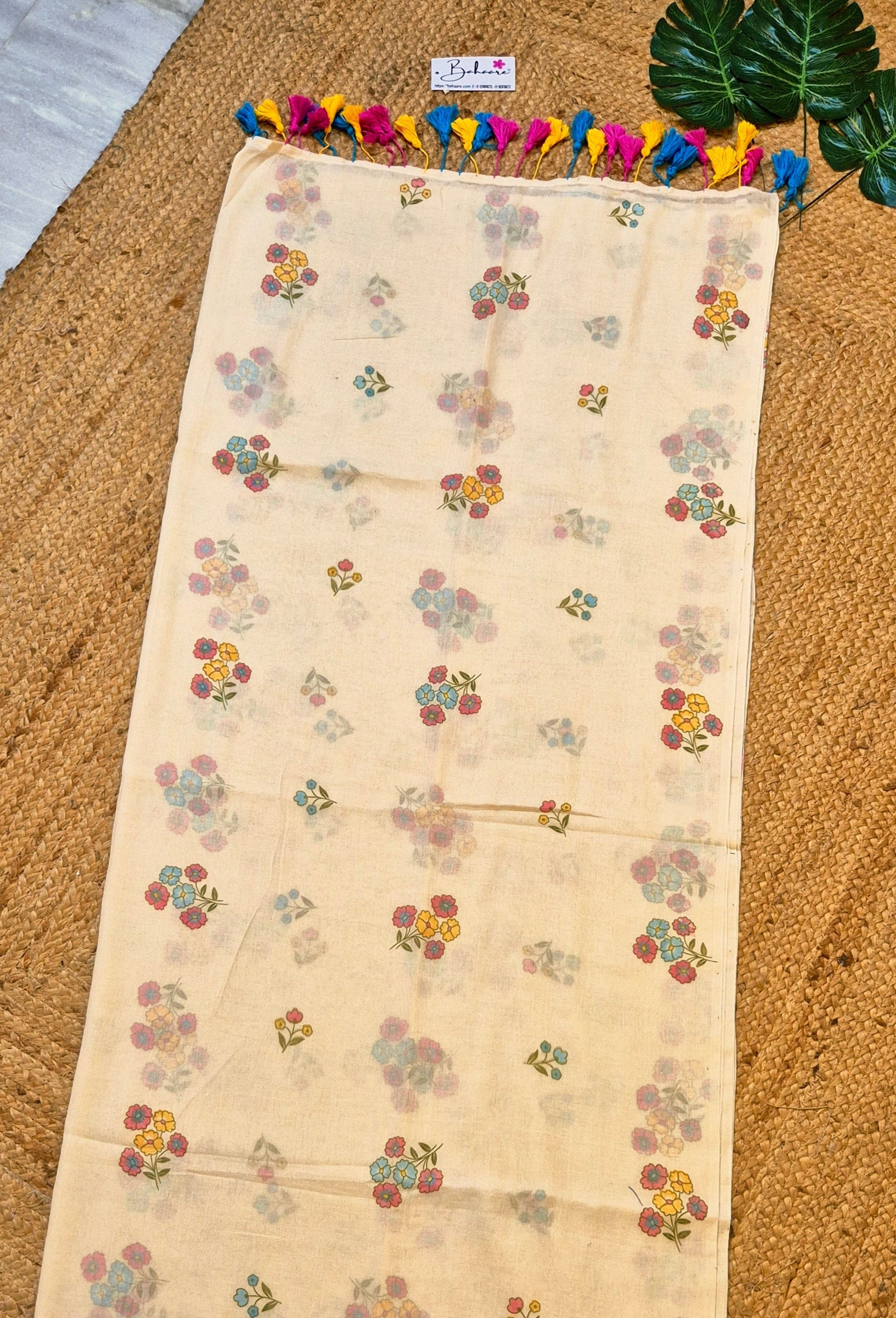 Noor | Butter Beige Mul Mul Cotton Saree with Flower Motif