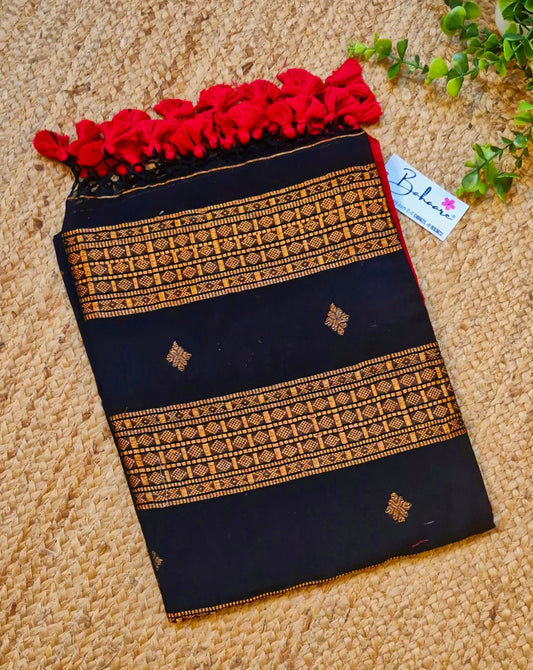 Cotton Galleria | Dark Black Mercerised Cotton Benarasi Saree with Red Border
