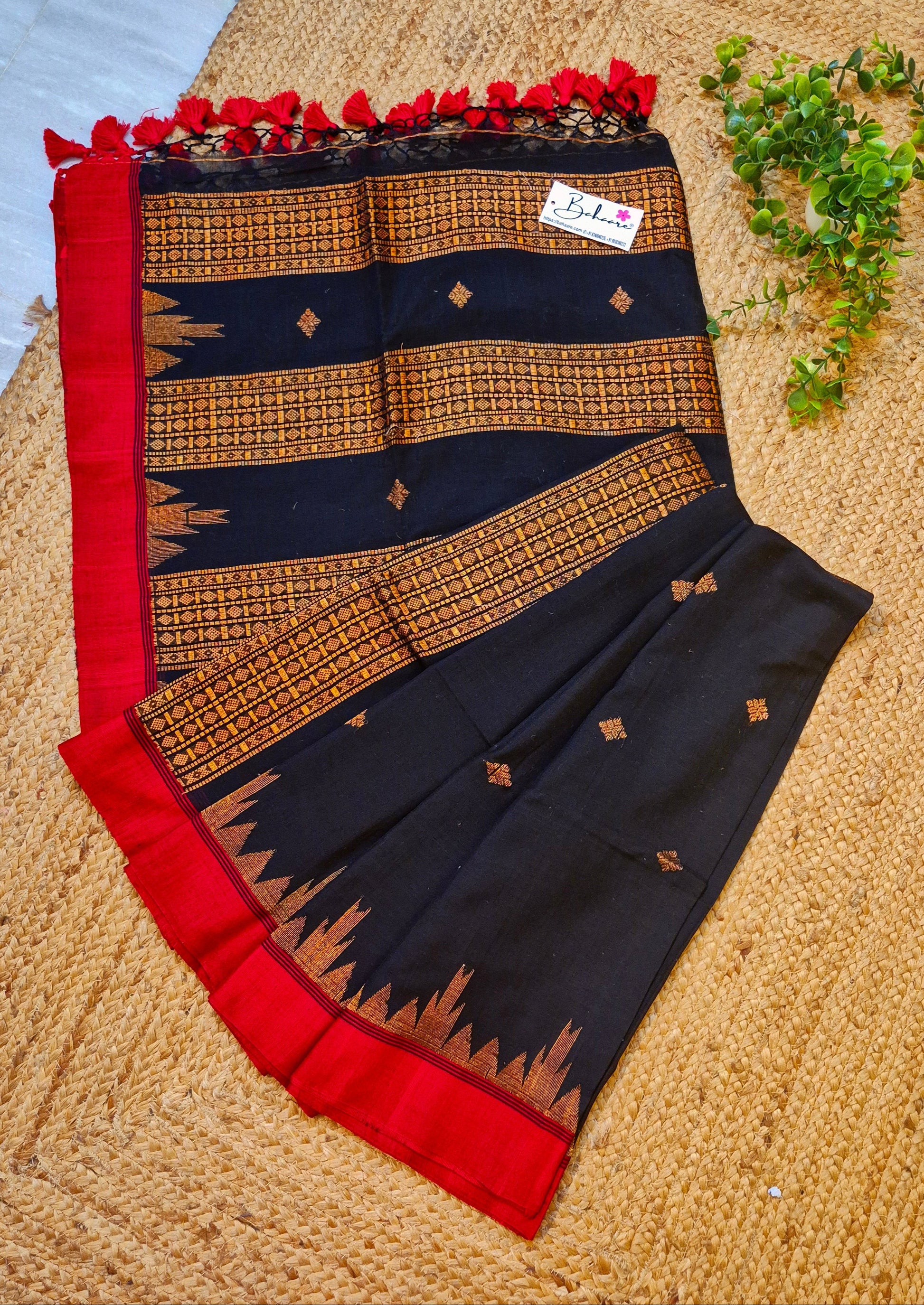 Cotton Galleria | Dark Black Mercerised Cotton Benarasi Saree with Red Border