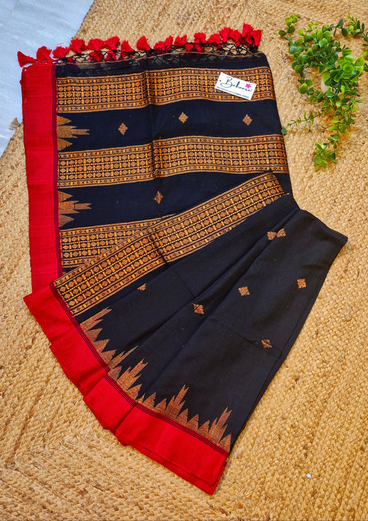 Cotton Galleria | Dark Black Mercerised Cotton Benarasi Saree with Red Border
