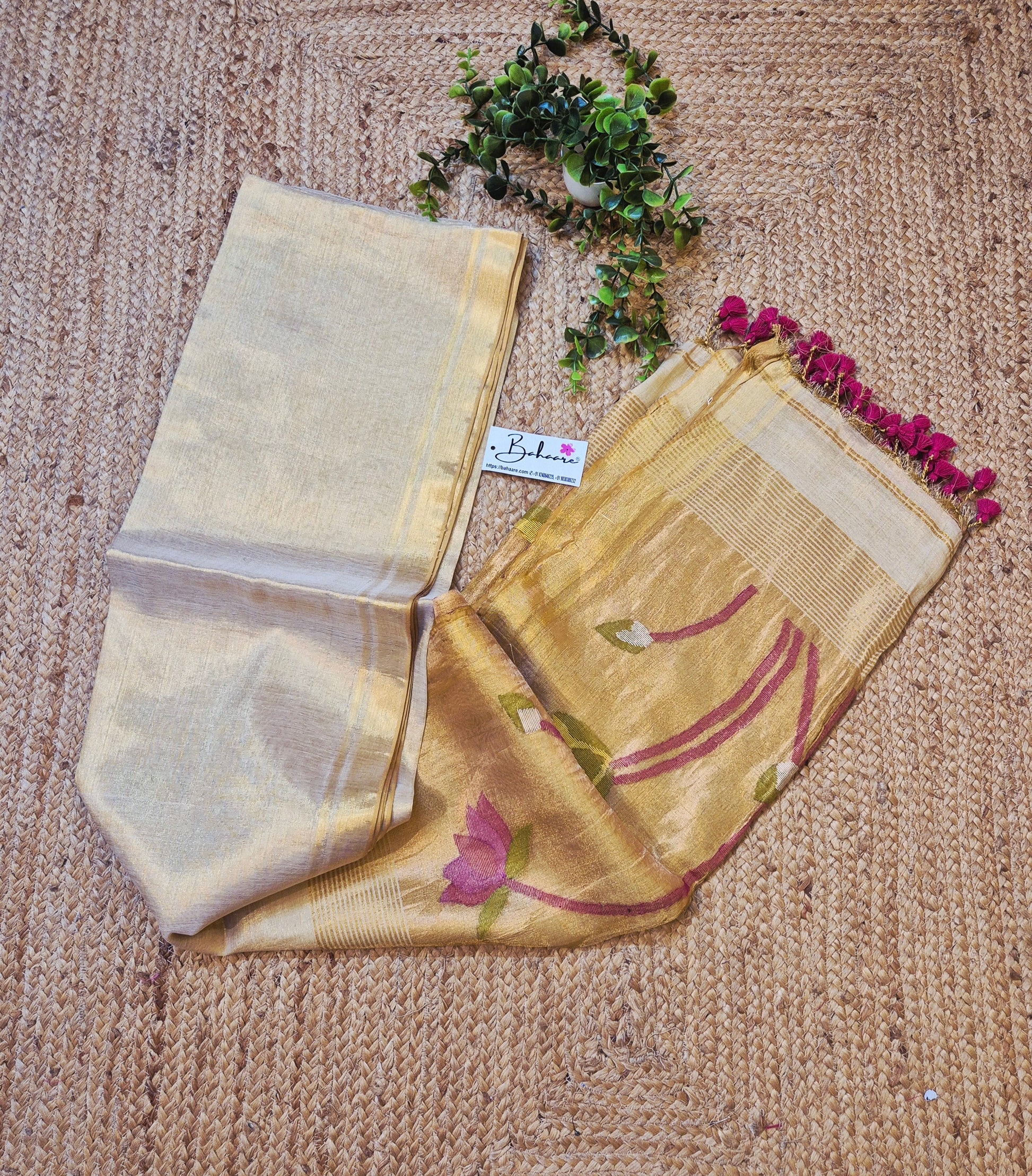 Springtime Serenity | White Gold Tissue Linen Saree