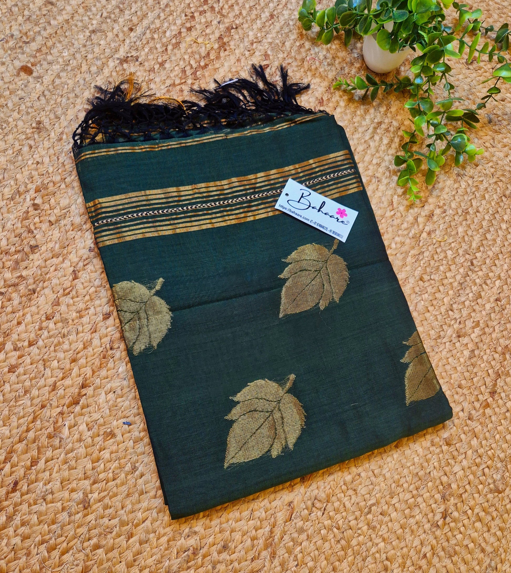 Cotton Galleria | Emerald Green Premium Jamdani Weave Handwoven Pure Silk by Pure Cotton Saree