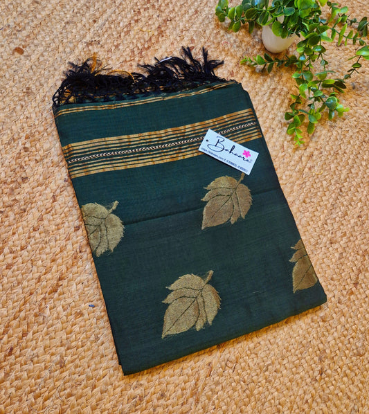 Cotton Galleria | Emerald Green Premium Jamdani Weave Handwoven Pure Silk by Pure Cotton Saree
