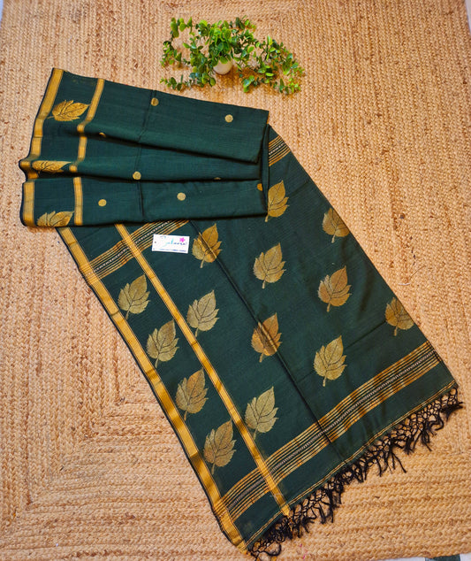 Cotton Galleria | Emerald Green Premium Jamdani Weave Handwoven Pure Silk by Pure Cotton Saree