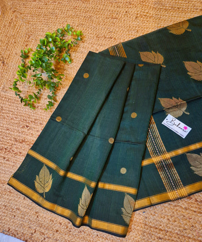 Cotton Galleria | Emerald Green Premium Jamdani Weave Handwoven Pure Silk by Pure Cotton Saree