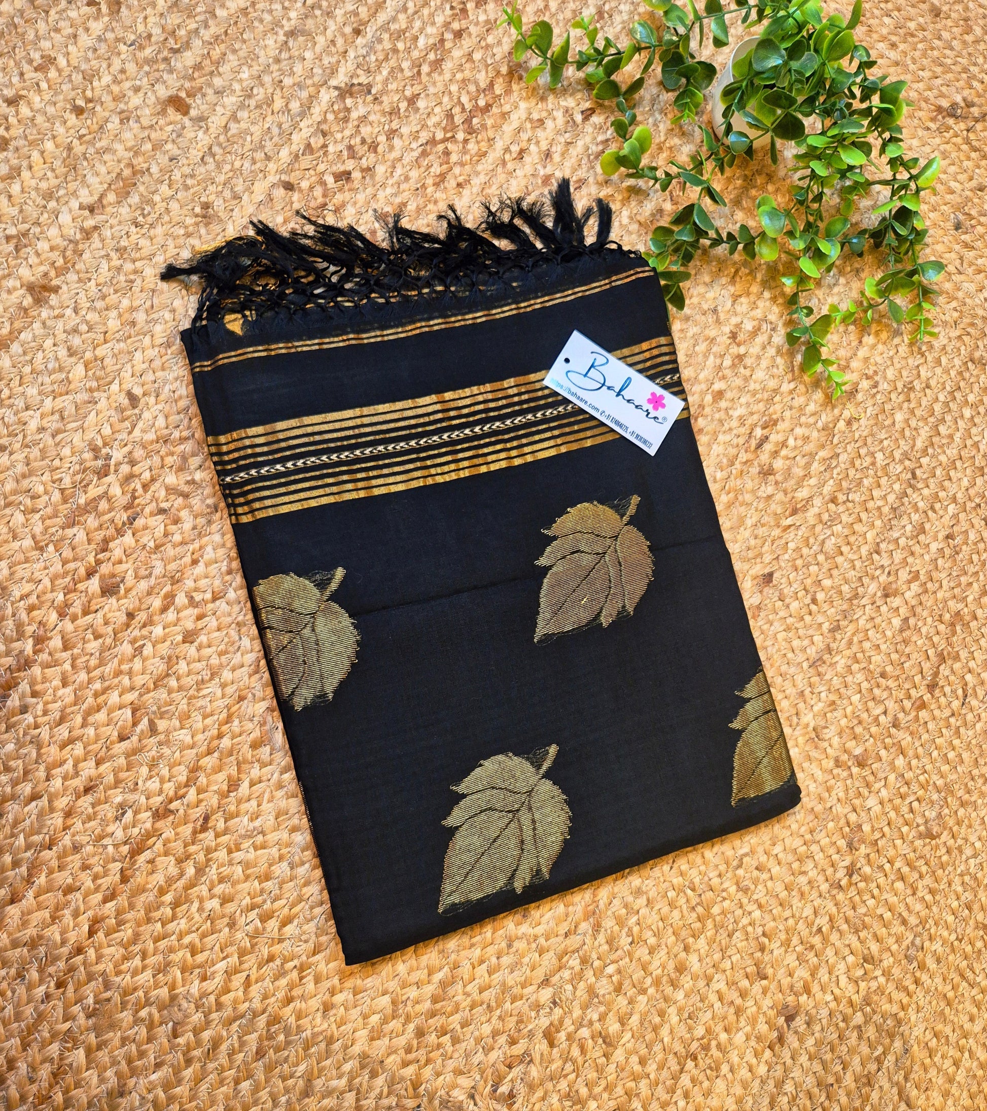 Cotton Galleria | Black Premium Jamdani Weave Handwoven Pure Silk by Pure Cotton Saree