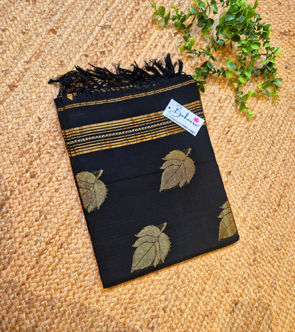 Cotton Galleria | Black Premium Jamdani Weave Handwoven Pure Silk by Pure Cotton Saree