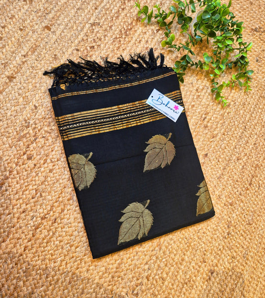 Cotton Galleria | Black Premium Jamdani Weave Handwoven Pure Silk by Pure Cotton Saree