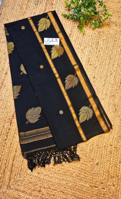 Cotton Galleria | Black Premium Jamdani Weave Handwoven Pure Silk by Pure Cotton Saree