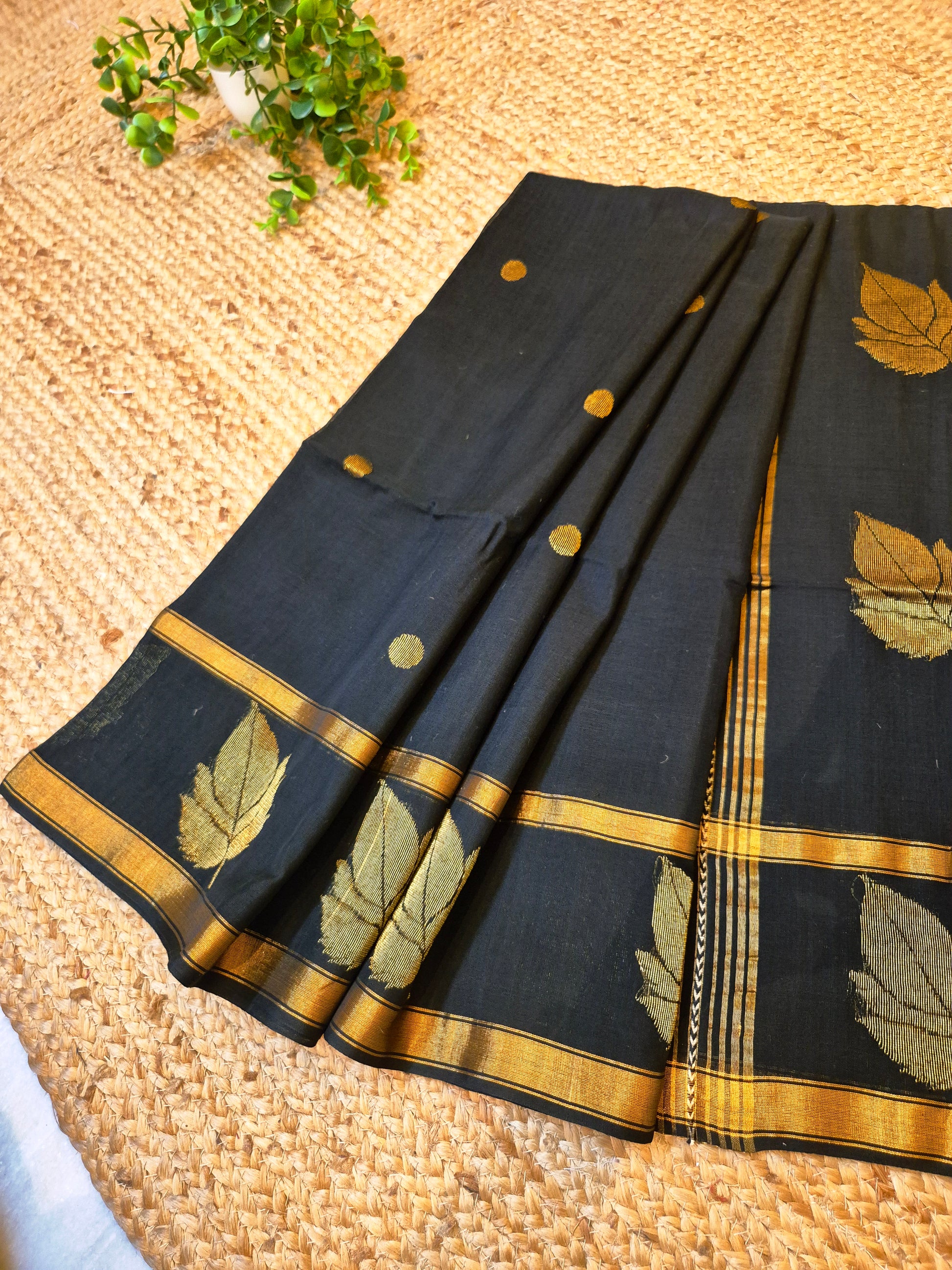 Cotton Galleria | Black Premium Jamdani Weave Handwoven Pure Silk by Pure Cotton Saree